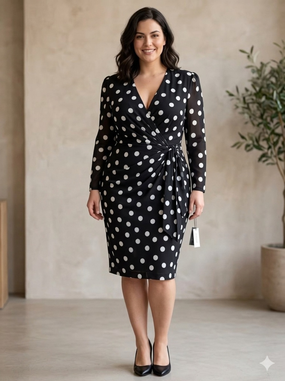 VTG 80s Black & White Polka Dot Faux Wrap Cocktail Dress Sheer Sleeves L Retro